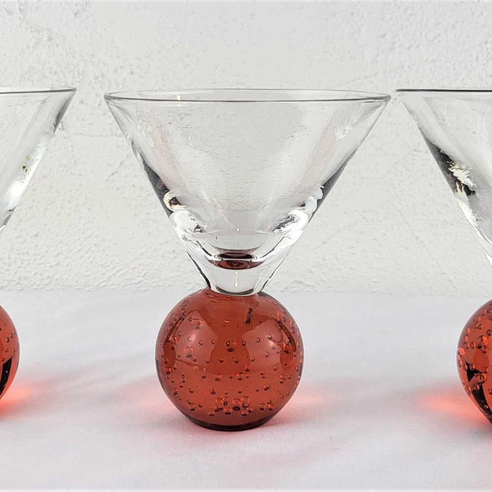 Martini Glasses Red Ball Base Set Of 3 Cosmo Liquor Vintage Blown Bubble Unique